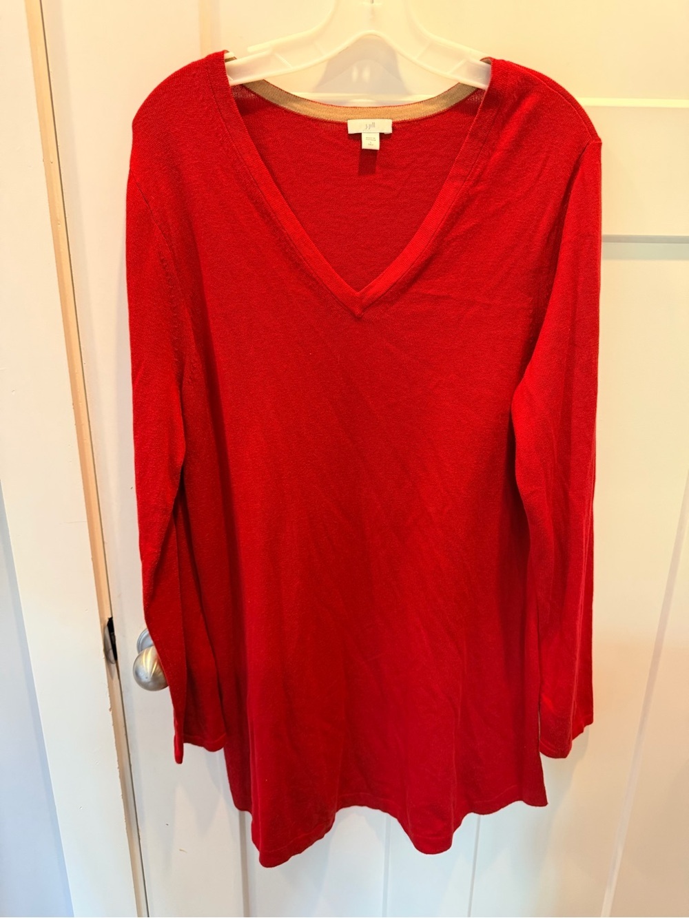 J Jill Large Tall Red V Neck Tunic Sweater Lightweight Knit Long Sleeve